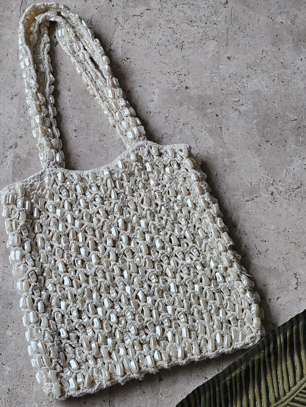 NWOT | Mother of Pearl Beaded Crochet Beach Tote Bag | Cream